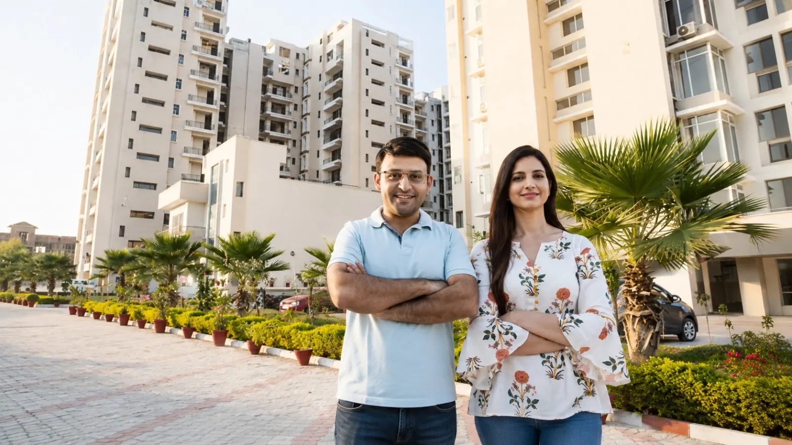 A couple standing in front of apartment towers in a gated community