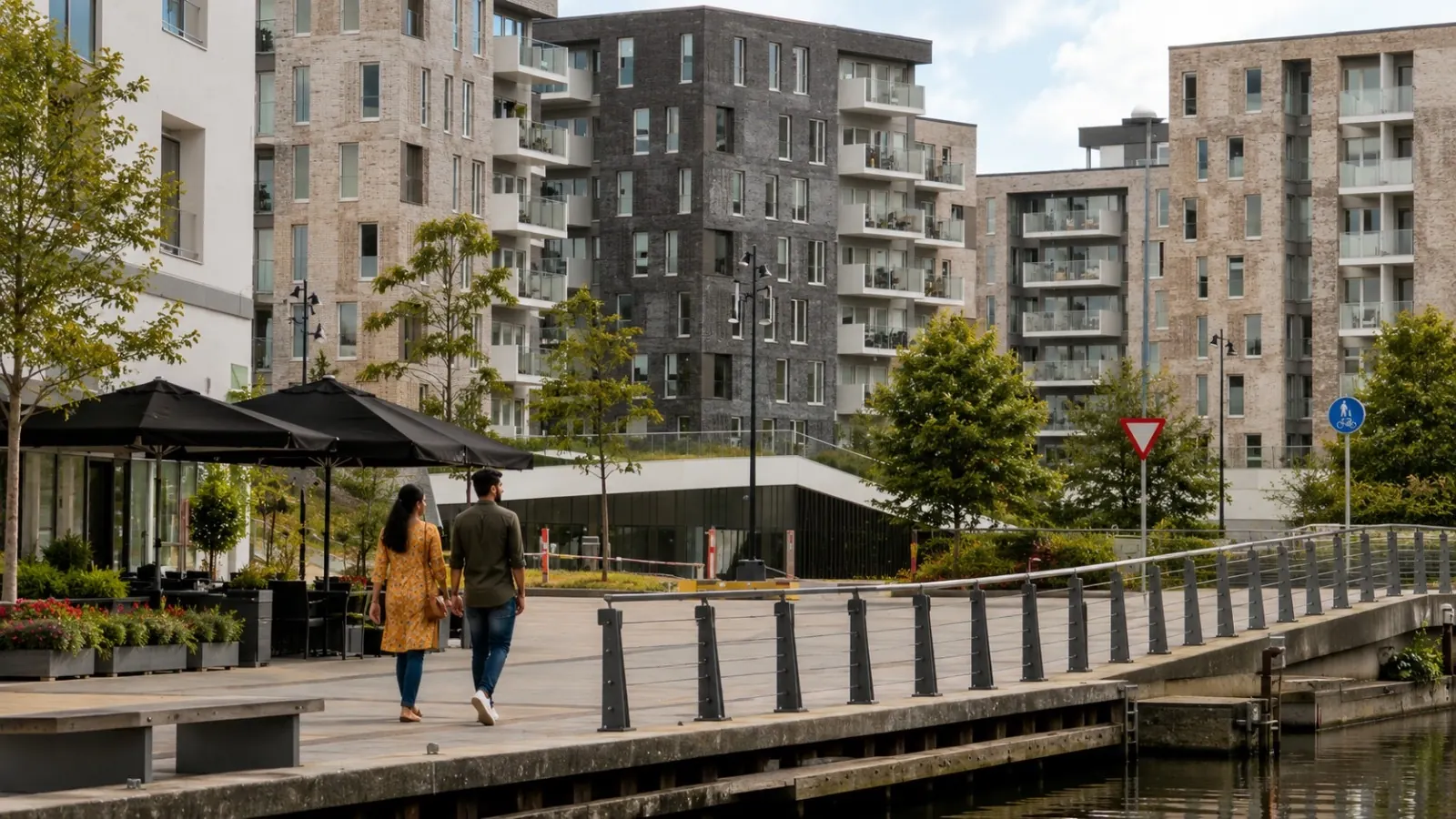 Couple walking through a residential development