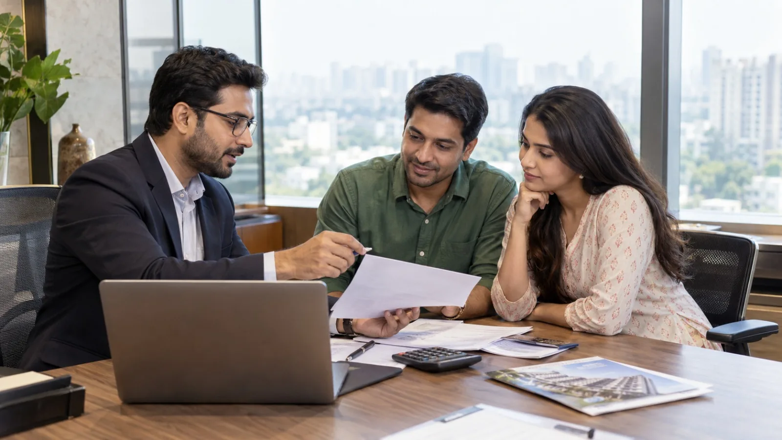 Advisor walking a couple through home-loan paperwork at an office desk